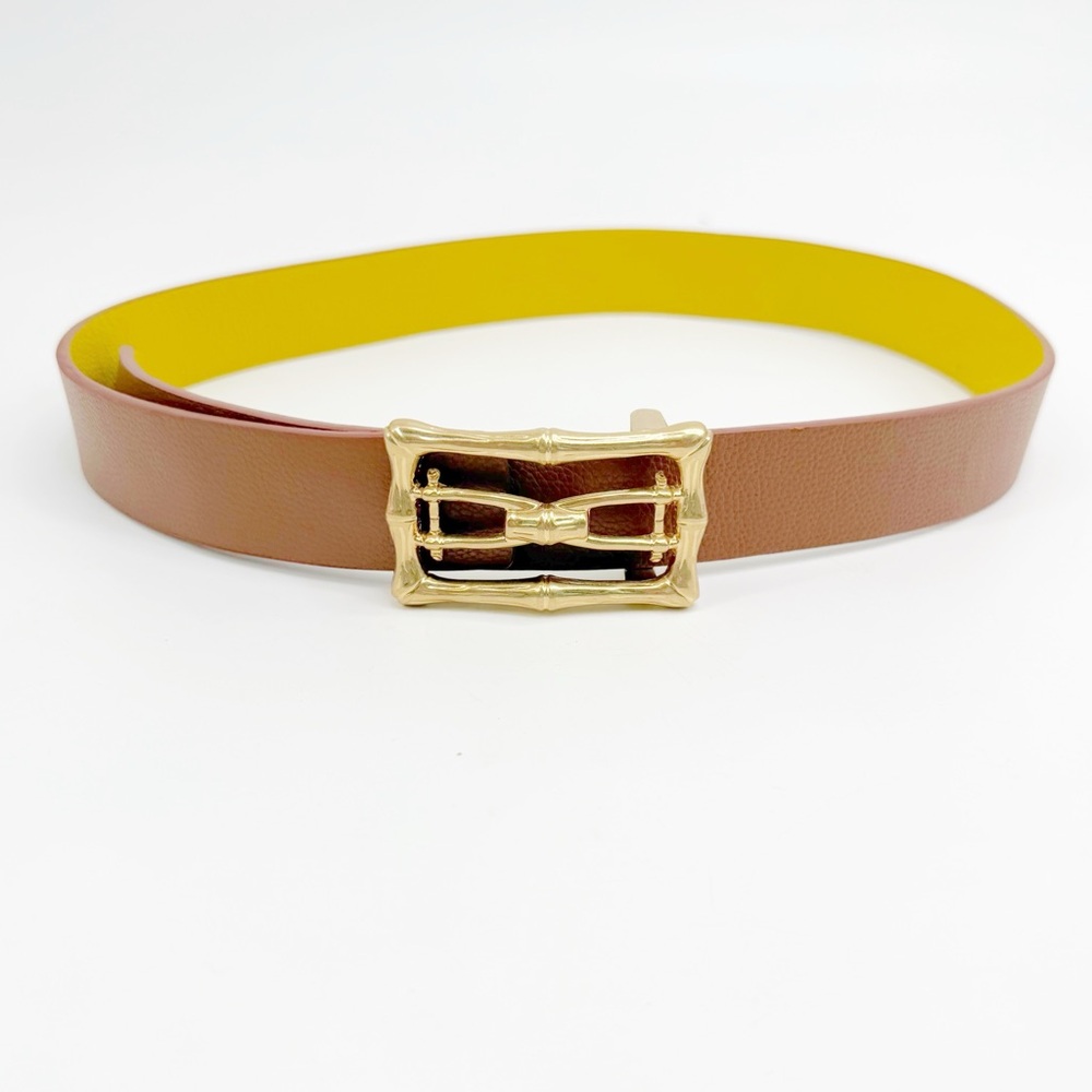 Reversible Yellow & Camel Belt With Oversized Gold Bamboo Buckle